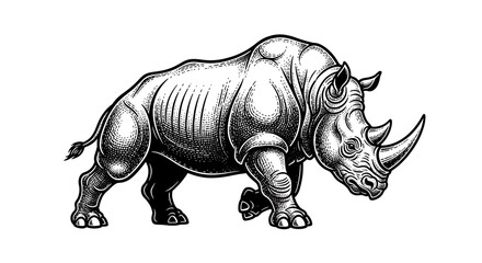 Majestic Rhinoceros Illustration in Classic Woodcut Style, Emphasizing Strength and Wild Beauty on White Background