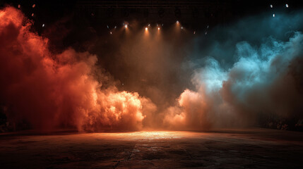 Obraz premium Boxing stage with smoke effect orange color 2 side , action cinematic image.