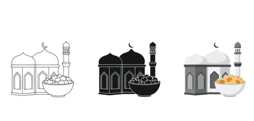 Mosque with Bowls of Dates Vector Set in Three Styles &mdash; Line Art, Silhouette and Color Version for Islamic Design, App UI, Posters and Branding	