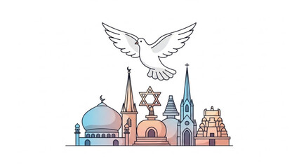 Dove flying over diverse religious buildings and symbols of peace unity with harmony