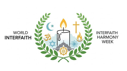 World interfaith harmony week logo with candle and religious symbols in laurel wreath