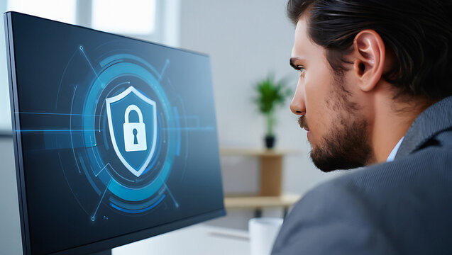 Man looking at computer screen with blue shield and lock symbol transparent background - Powered by Adobe