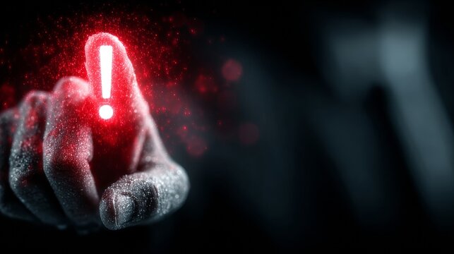 Urgent warning alert glowing bright red exclamation mark on finger, digital danger concept, critical alert notification, cybersecurity threat, system error, immediate action needed - Powered by Adobe