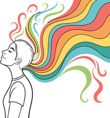 Vector illustration of a fashion woman with rainbow hair featuring a floral pattern and tribal swirl design for a summer beauty style