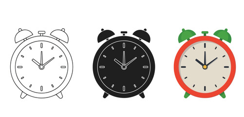 Alarm Clocks Vector Set in Three Styles &mdash; Line Art, Silhouette and Color Version for Islamic Design, App UI, Posters and Branding	