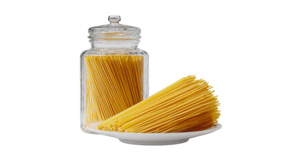 A studio shot showcasing uncooked spaghetti pasta, meticulously arranged in a glass storage jar and on a white plate