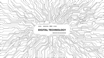 Electronic circuit background with microchip pattern and center area for text. Clean white tech illustration with digital lines and futuristic elements. Digital vector illustration