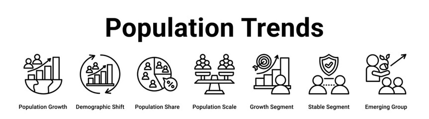 Population Trends web banner icon vector illustration concept for business with icon of Population Growth, Demographic Shift, Population Share, Population Scale, Growth Segment, Stable Segment.