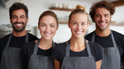 Smiling cafe staff posing together, ready to serve customers with a friendly attitude