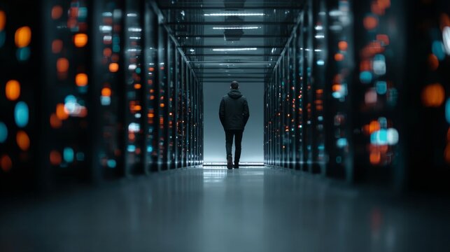 Lone figure walks down futuristic server room corridor illuminated by glowing data racks, representing technology and innovation. - Powered by Adobe
