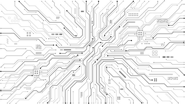 Circuit board pattern with intricate digital lines and electronic connections. White tech background featuring motherboard design elements and futuristic circuitry details. Digital vector illustration