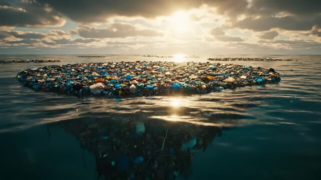 Plastic pollution floats forming garbage patch in ocean at sunset. Underwater view shows plastic waste pollution crisis. Ocean garbage patch with plastic debris. Environmental pollution in ocean.
