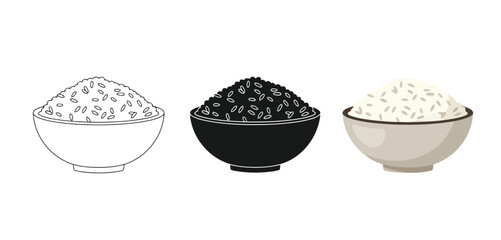 Bowls of Rice Vector Set in Three Styles &mdash; Line Art, Silhouette and Color Version for Islamic Design, App UI, Posters and Branding	