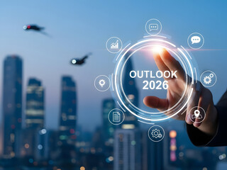 Business Outlook 2026 Concept with Futuristic City Skyline and Digital Interface