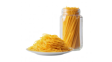 Uncooked thin pasta noodles on a white plate next to a jar of spaghetti against a transparent background