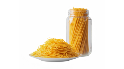 Uncooked thin pasta noodles on a white plate next to a jar of spaghetti against a transparent background