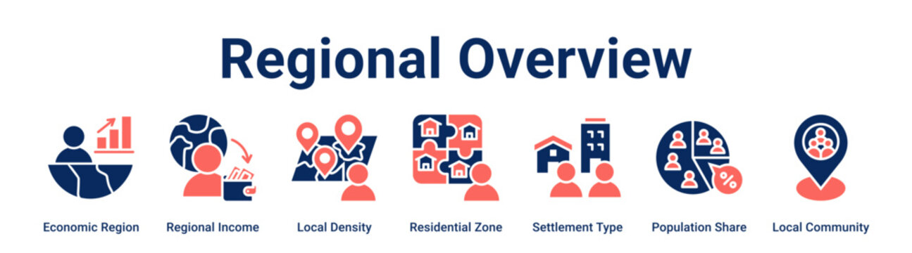Regional Overview web banner icon vector illustration concept for business with icon of Economic Region, Regional Income, Local Density, Residential Zone, Settlement Type, Population Share.