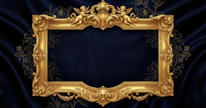 Opulent Gold Baroque Frame with Cherubs on Dark Blue