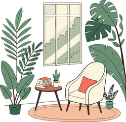 Vector illustration of a modern living room interior featuring a chair and table near a window with a tropical summer view of a beach, sea, and palm trees on a sunny vacation island holiday