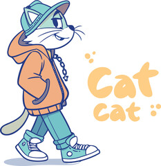 Funny cartoon vector illustration of a smiling boy character holding a laptop with a cute cat design in a comic drawing art style