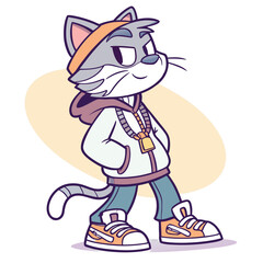 Cute cartoon vector illustration of a happy kitten character with a fish and a mouse, a fun domestic pet feline drawing in a comic art style