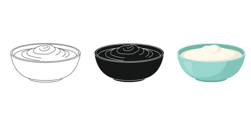 Bowls with Swirls Vector Set in Three Styles &mdash; Line Art, Silhouette and Color Version for Islamic Design, App UI, Posters and Branding	