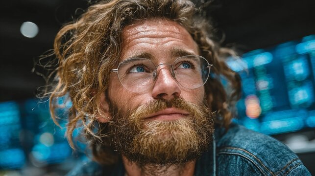 Introspective man with blue eyes and beard gazes upward with thoughtful expression, wearing glasses in a modern, dimly lit environment with bokeh lights. - Powered by Adobe
