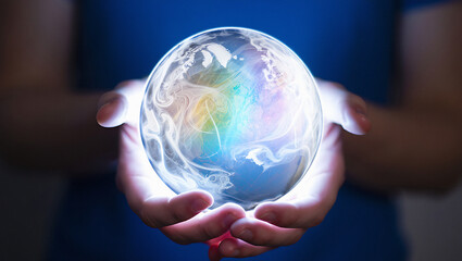 Hands holding a glowing crystal ball with swirling colorful patterns resembling a planet transparent background