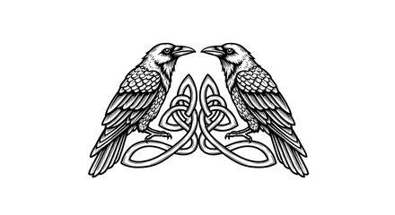 Obraz premium Striking Black and White Illustration of Two Ravens with an Intricate Celtic Knot Design Symbolizing Unity