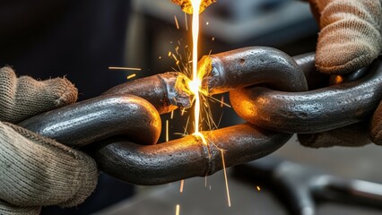 Worker welding heavy chain link with sparks flying