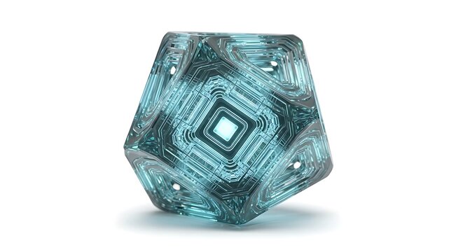 Futuristic geometric crystal object with glowing blue circuit board patterns and a bright central core on a white background - Powered by Adobe