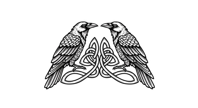 Striking Black and White Illustration of Two Ravens with an Intricate Celtic Knot Design Symbolizing Unity