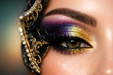 Vibrant eye makeup with gold and purple hues on a woman's face