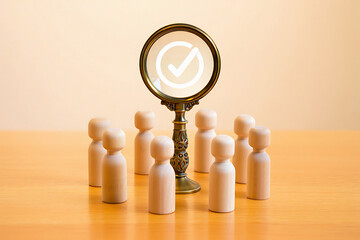 Wooden figures standing around a magnifying glass with a checkmark symbol transparent background