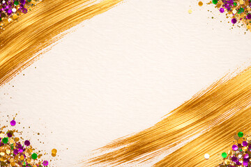 Vibrant gold brush strokes with colorful confetti on white background