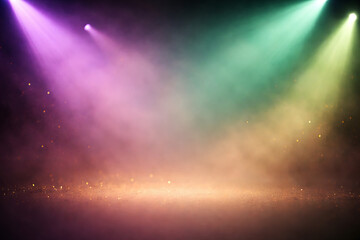 Vibrant stage lights shining through colorful fog on empty performance stage