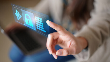 Person touching a digital screen with security and text transparent background hand finger