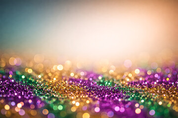 Vibrant Mardi Gras beads in purple, green, and gold with bokeh lights