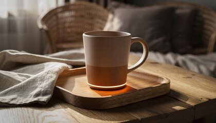 Elegant two-tone ceramic mug on a rustic wooden tray, softly illuminated by natural light, embodying a tranquil morning moment of warmth and comfort in a cozy home setting