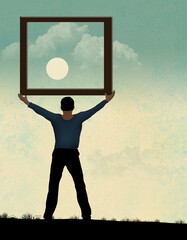 A man frames a sunset in a 3-d illustration.