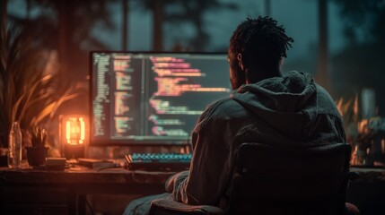 Concentrated coder engrossed in complex programming on glowing screen in dimly lit, cozy workspace