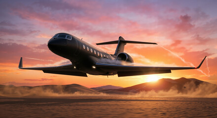 Modern carbon fiber executive jet flying low over sandy desert dunes during a dramatic orange sunset, speed and power concept.