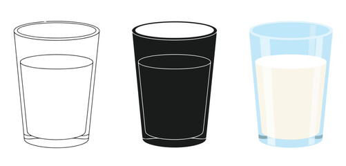 Glasses of Water Milk Juice Vector Set in Three Styles &mdash; Line Art, Silhouette and Color Version for Islamic Design, App UI, Posters and Branding	