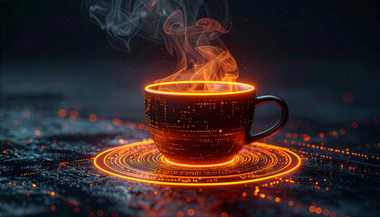 Futuristic cup with glowing saucer and circuit design