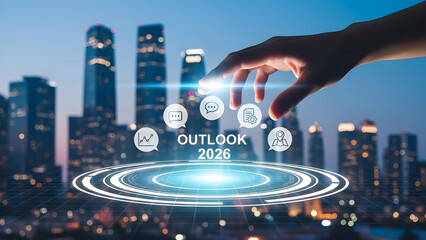 Business Outlook 2026 Strategy Concept with Hand Over Virtual Hologram and Night Cityscape