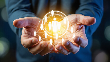 Hands holding a glowing network of interconnected human transparent background