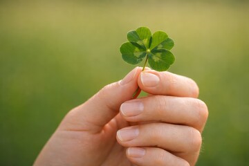 St Patrick's Day woman hand holding four leaf lucky clover on green background