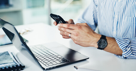 Texting, online and hands with smartphone, office and communication with contact on break or...