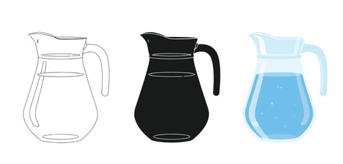 Pitchers Water Vessels Vector Set in Three Styles &mdash; Line Art, Silhouette and Color Version for iftar, Islamic Design, App UI, Posters and Branding	