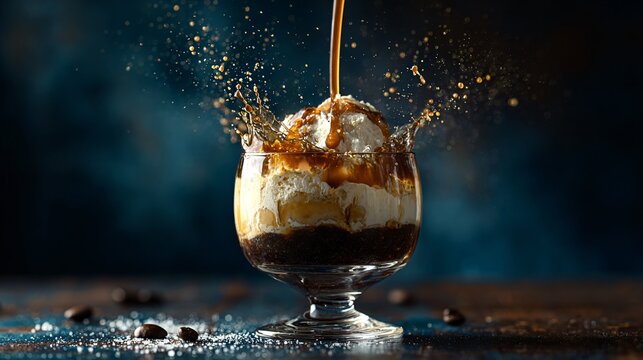 Affogato with coffee liqueur splash, espresso and liqueur layered, glass dessert cup, dark luxurious background, moody bar lighting